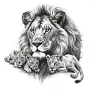 male lion, female lion, two cubs, blue eyes looking tattoo design idea