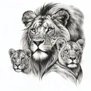male lion, female lion, two cubs, blue eyes looking tattoo design idea
