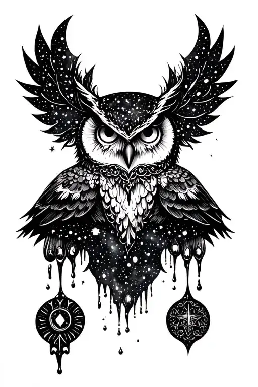 BLACKWORK gothic tattoo involving elements of witchcraft, a starry night sky in the background, owl tears shroud tattoo design idea