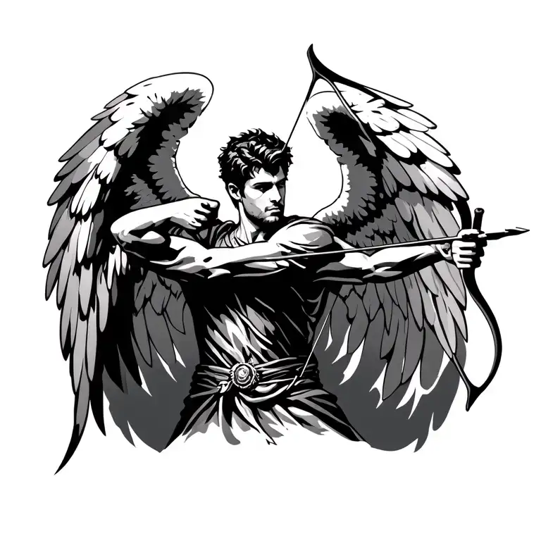 simple realistic design of a male angel with 2 arms shooting 1 bow and arrow with no extra lines tattoo design idea