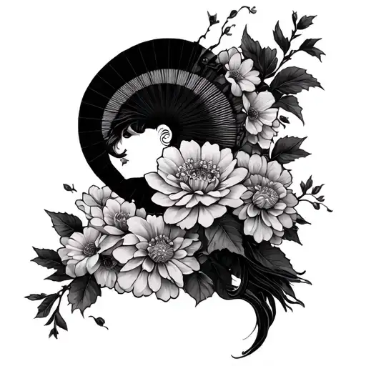 Full arm tattoo sleeve black and grey for women with cherry blossoms, uchiwa, Chrysanthemums flower, Japanese wind bar tattoo design idea
