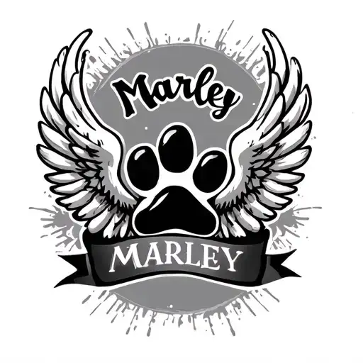"Marley " dog loss tattoo featuring paw print and angel wings tattoo design idea