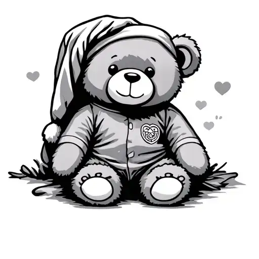 teddy bear sitting down with sleep clothes and a sleep hat that is long but only the outline  tattoo design idea