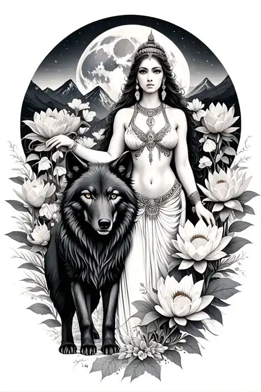sexy aries goddess surrounded by poeny and lotus flowers growing with a black wolf in a mountain range with the moon tattoo design idea