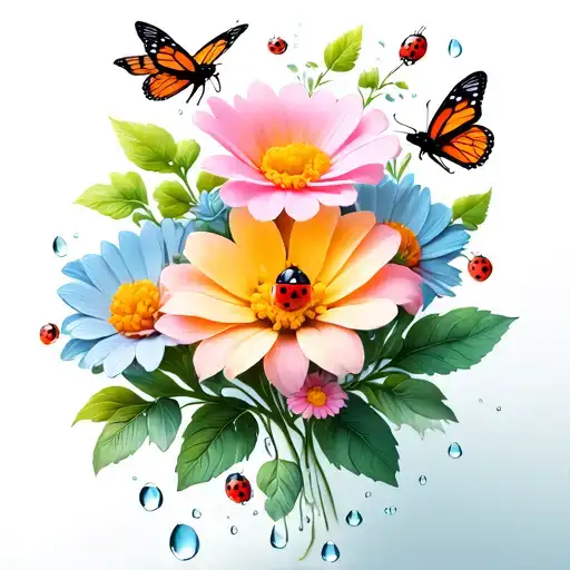 mix of 3d flowers blooming with shadow detail, water droplets on random leaves, a ladybug, and butterflies  tattoo design idea