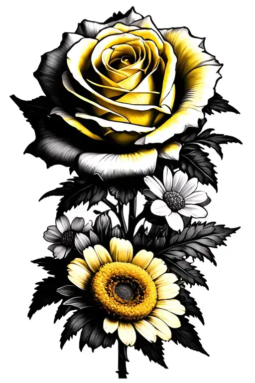 yellow rose, violet, daisy, narcissus flower bouquet tattoo design idea