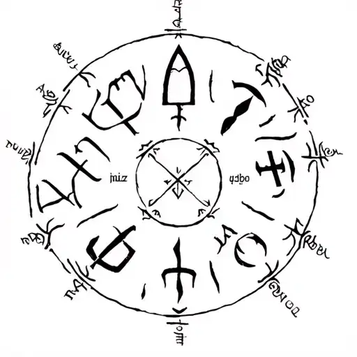 generate me an image of Norse runes ansuz, algiz, wunjo, gebo and feoh not in english repeating in a circle around a nor tattoo design idea