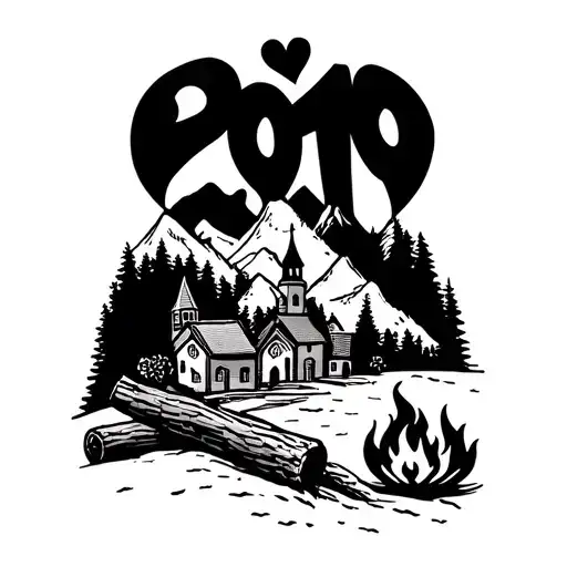 "2010" mountains, love, two people together, small village with church, log of tree, fire in the corner tattoo design idea