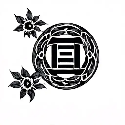 Minimalist black ink tattoo design of the Samtaegeuk (삼태극), an ancient Korean symbol representing the harmony of heaven, tattoo design idea