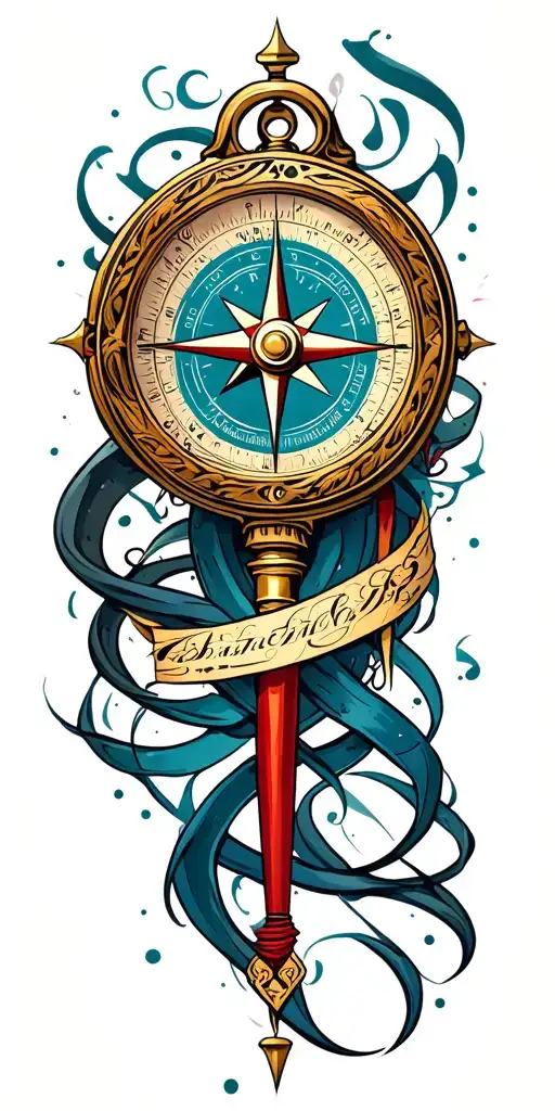 A compass intertwined with elegant calligraphy writing encased in Armor tattoo design idea