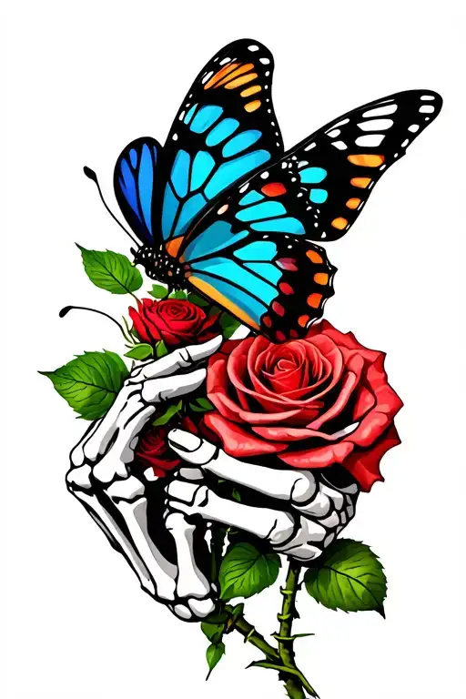 butterfly resting on rose, rose being held by skeleton hand, wrapped in barbed wire tattoo design idea