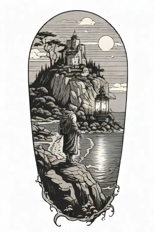 A hooded cultist walking along a cliff holding a lantern, with ocean in background, isolated island with a monastery tattoo design idea