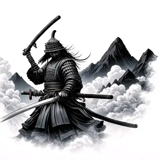 Samurai with katana and sword surrounded by clouds and mountains tattoo design idea