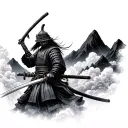 Samurai with katana and sword surrounded by clouds and mountains tattoo design idea