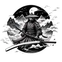 Samurai with katana and sword surrounded by clouds and mountains tattoo design idea