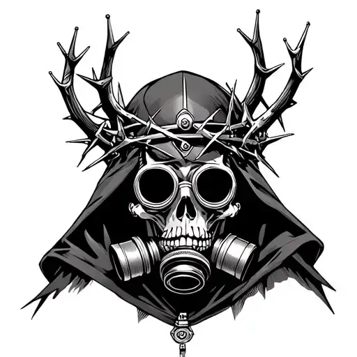 skull with a cape with crown of thorns with gas mask that has some H.R. Griger or steampunk (uroborus) symbolic tattoo design idea
