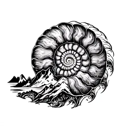 ammonite and mountain landscape tattoo tattoo design idea