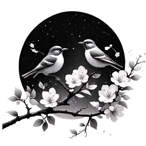 cherry blossom branch with birds and heavenly garden in the background tattoo design idea