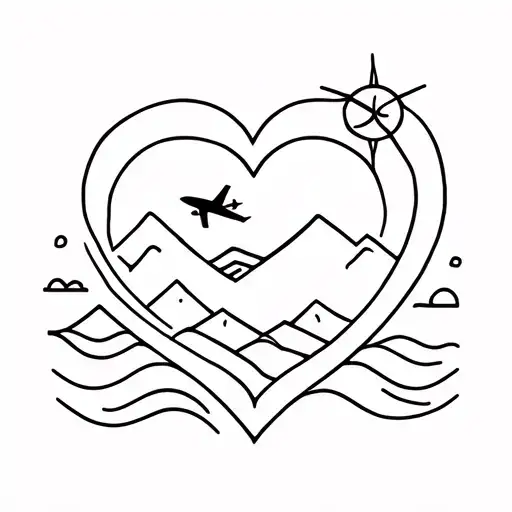 heart with an airplane, mountains, sun and waves are  tattoo design idea