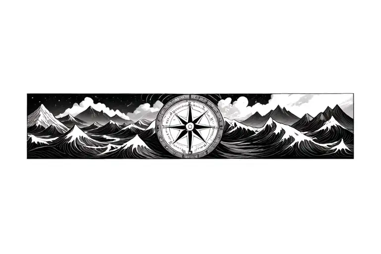 large compass with long north point surrounded by intricate geometric moutains and waves. black and white tattoo design idea