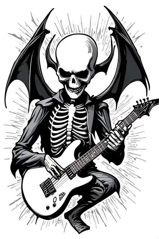 bat skeleton playing a flying v guitar tattoo design idea