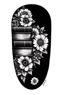 stack of books behind a half sleeve of flowers tattoo design idea