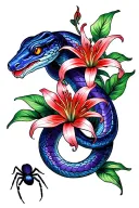 big blue and purple snake with small red spider lily tattoo design idea