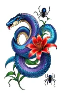 big blue and purple snake with small red spider lily tattoo design idea