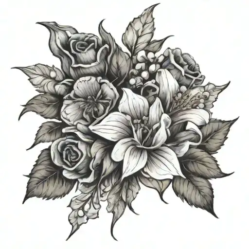 sweetpea,larkspur,narciso,holly,and poppy bouquet tied with a cross  tattoo design idea