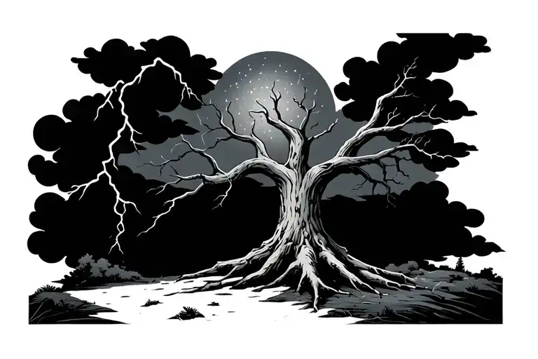 dead tree with clouds and lightning tattoo design idea