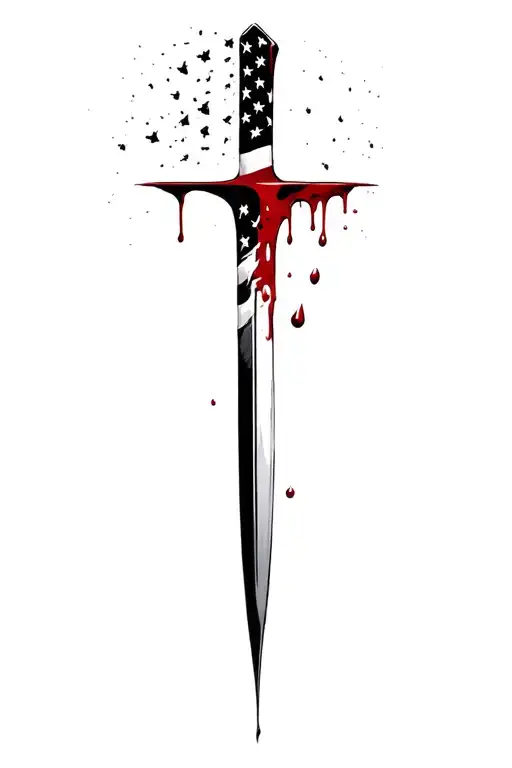 blood dripping and tattered usa flag and sharp long blade tattoo design idea