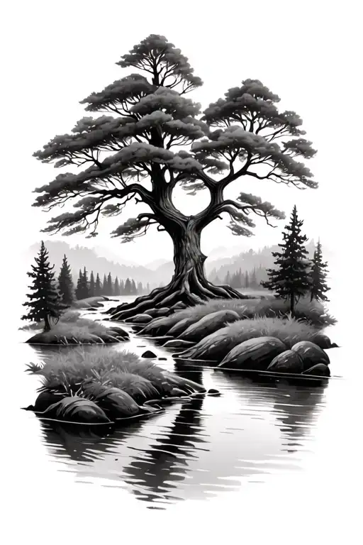 tree along stream in forest tattoo design idea