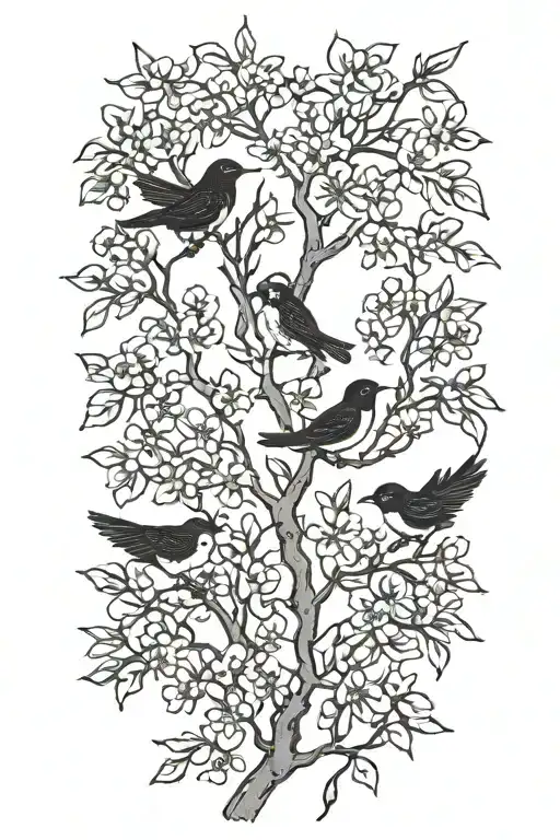 thin narrow black and white masculine cherry branch tattoo with minimal blossoms  with 4 solid black birds tattoo design idea