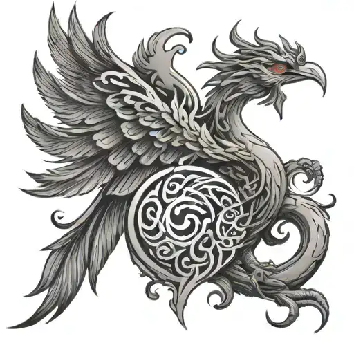 phoenix with chinese symbol of fire, chinese symbol of air and ying yang symbol tattoo design idea