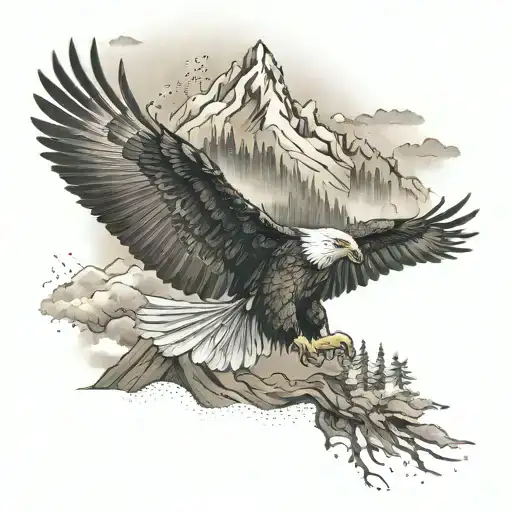 An eagle soaring over a mountain landscape, symbolizing honor and love, with smoke and forest elements in the background tattoo design idea