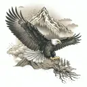 An eagle soaring over a mountain landscape, symbolizing honor and love, with smoke and forest elements in the background tattoo design idea