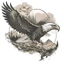 An eagle soaring over a mountain landscape, symbolizing honor and love, with smoke and forest elements in the background tattoo design idea