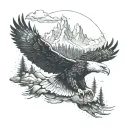 An eagle soaring over a mountain landscape, symbolizing honor and love, with smoke and forest elements in the background tattoo design idea