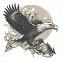 An eagle soaring over a mountain landscape, symbolizing honor and love, with smoke and forest elements in the background tattoo design idea