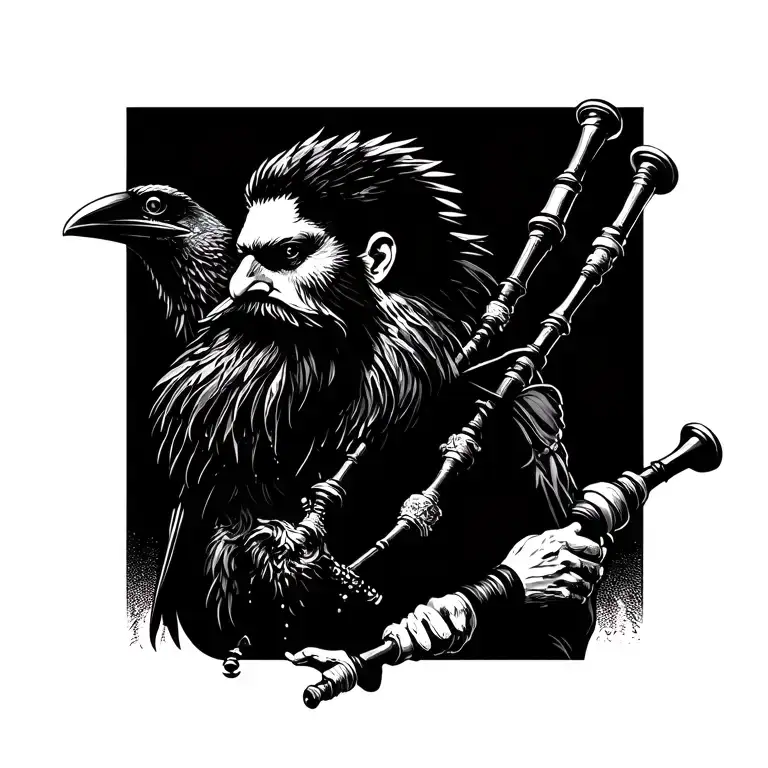  crow muscular with mans face bagpiper playing black bagpipes baldblack beard tattoo design idea