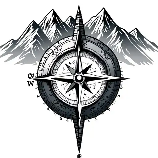 compass behind mountain range tattoo design idea