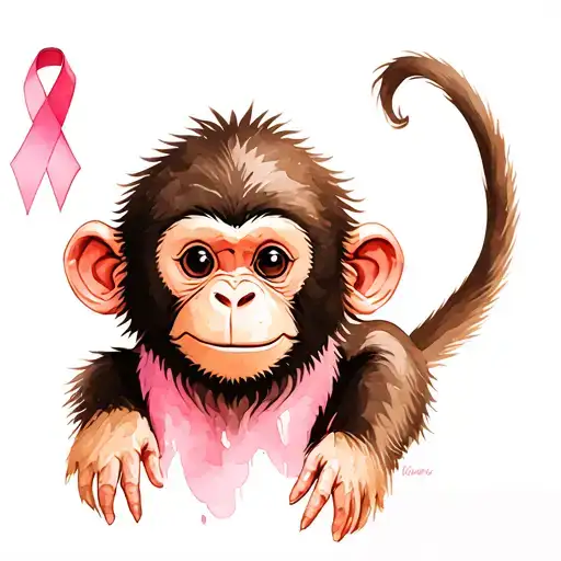 cute monkey breast cancer awareness ribbon intertwined tattoo design idea