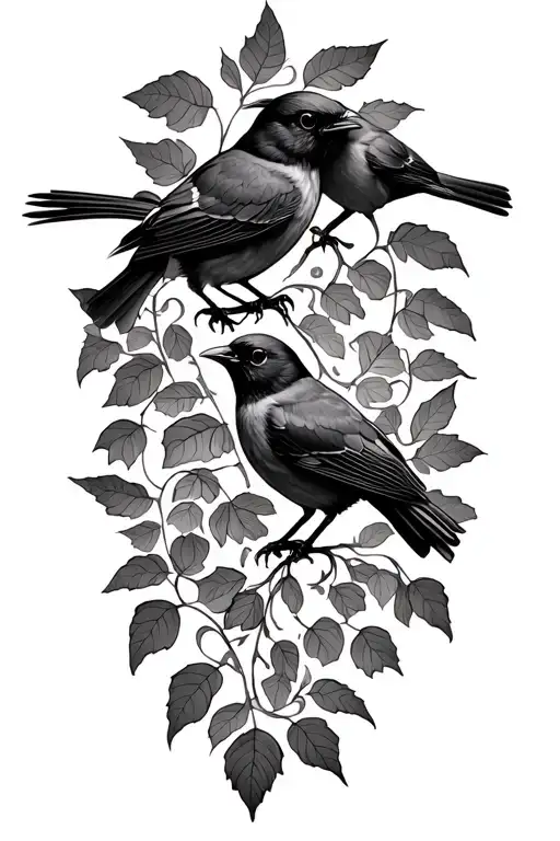 2 robins and long vine leaves wraparound upper arm tattoo design idea