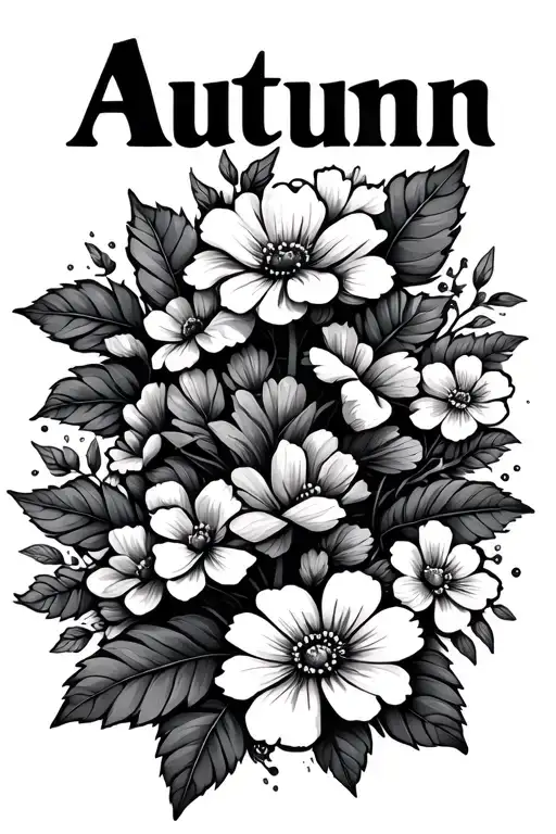 the name autumn with flowers around it tattoo design idea