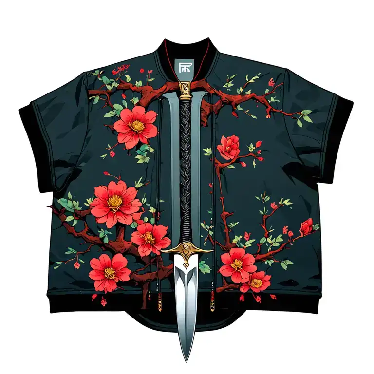 Mikey Tokyo Revenger jacket suspended from a Japanese dagger planted in Japanese tree with Tokyo Ghoul Flowers tattoo design idea