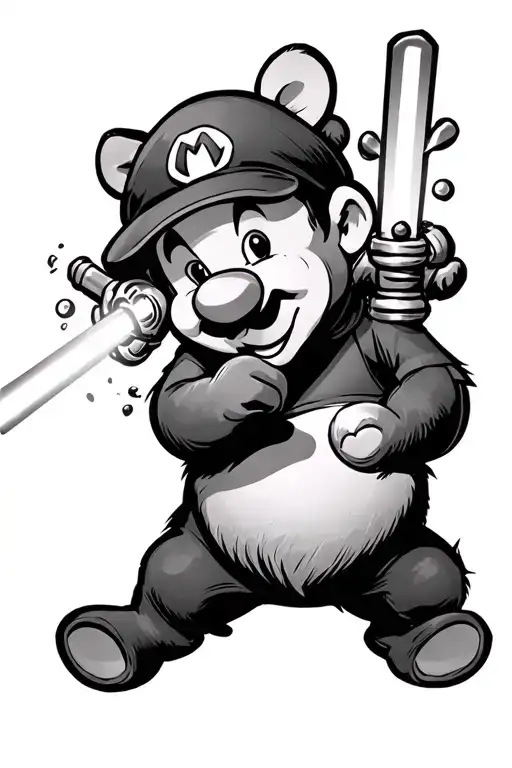 Winnie the Pooh with a light saber fighting Boo mario tattoo design idea