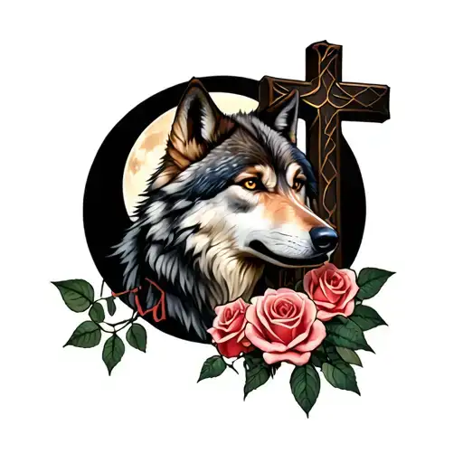 wolf with cross, moon, and roses tattoo design idea