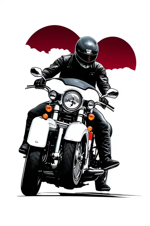 a biker on a white Harley Street Glide, taken from the front, and a burgundy red sunset behind tattoo design idea