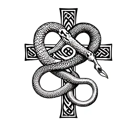 2 snakes wrapped around a celtic cross, 1 snake is normal and the other one is a skeleton tattoo design idea