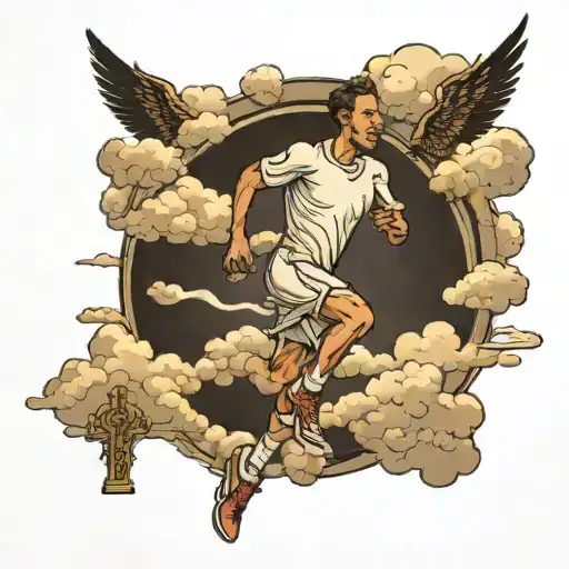 Heavenly clouds surrounding a runner (track suit with Christian as the name on back) running on a track toward a cross w tattoo design idea